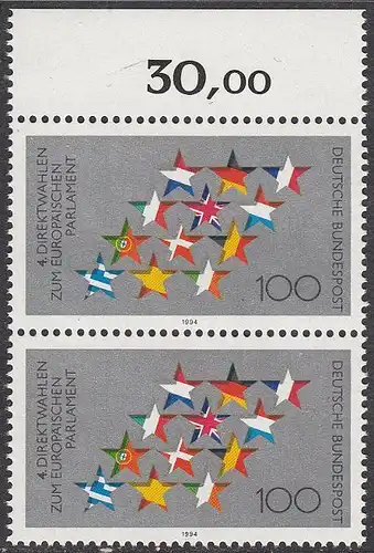 BUND 1994 Michel-Nummer 1724 postfrisch vert.PAAR RAND oben (b)