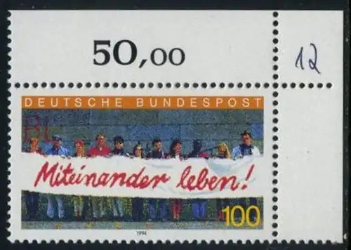 BUND 1994 Michel-Nummer 1725 postfrisch EINZELMARKE ECKRAND oben rechts (a)