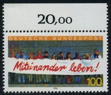 BUND 1994 Michel-Nummer 1725 postfrisch EINZELMARKE RAND oben
