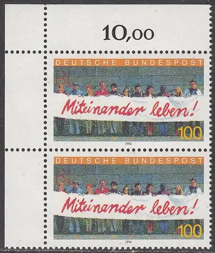 BUND 1994 Michel-Nummer 1725 postfrisch vert.PAAR ECKRAND oben links