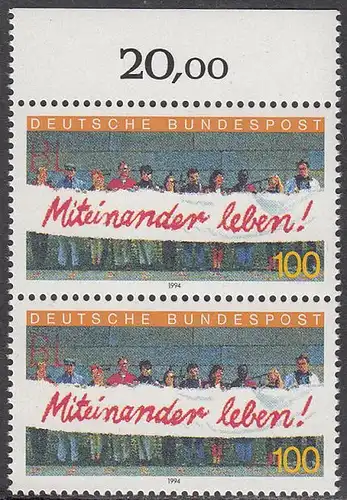 BUND 1994 Michel-Nummer 1725 postfrisch vert.PAAR RAND oben