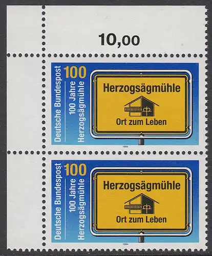 BUND 1994 Michel-Nummer 1740 postfrisch vert.PAAR ECKRAND oben links