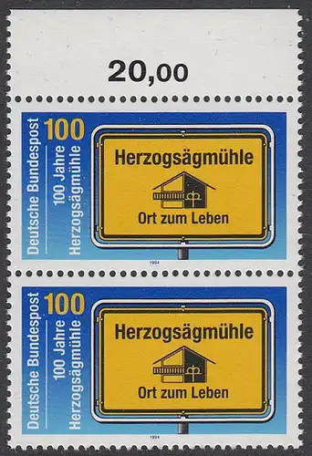 BUND 1994 Michel-Nummer 1740 postfrisch vert.PAAR RAND oben