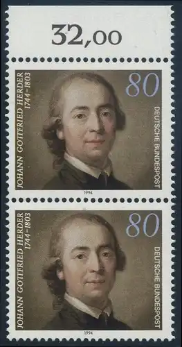 BUND 1994 Michel-Nummer 1747 postfrisch vert.PAAR RAND oben