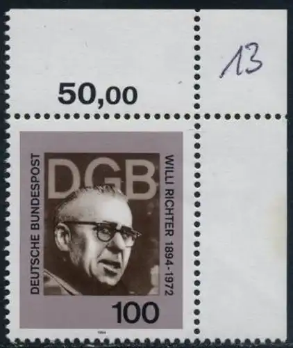 BUND 1994 Michel-Nummer 1753 postfrisch EINZELMARKE ECKRAND oben rechts