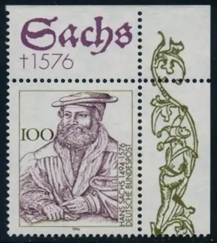 BUND 1994 Michel-Nummer 1763 postfrisch EINZELMARKE ECKRAND oben rechts