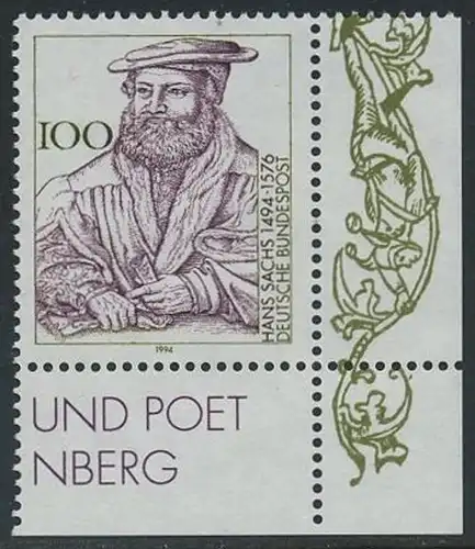 BUND 1994 Michel-Nummer 1763 postfrisch EINZELMARKE ECKRAND unten rechts
