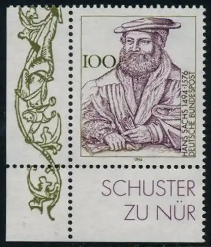 BUND 1994 Michel-Nummer 1763 postfrisch EINZELMARKE ECKRAND unten links
