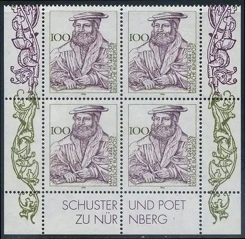 BUND 1994 Michel-Nummer 1763 postfrisch BLOCK ECKRÄNDER unten rechts/unten links