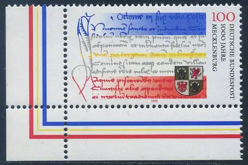 BUND 1995 Michel-Nummer 1782 postfrisch EINZELMARKE ECKRAND unten links