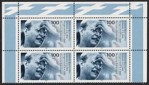 BUND 1995 Michel-Nummer 1788 postfrisch BLOCK ECKRÄNDER oben rechts/oben links