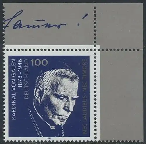 BUND 1996 Michel-Nummer 1848 postfrisch EINZELMARKE ECKRAND oben rechts