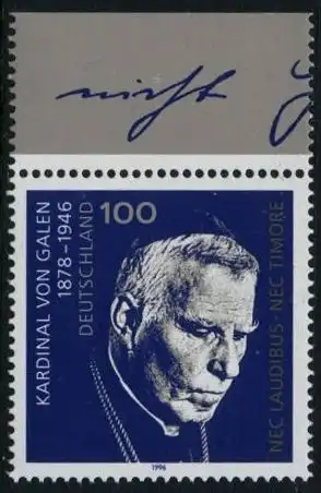 BUND 1996 Michel-Nummer 1848 postfrisch EINZELMARKE RAND oben