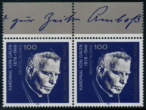 BUND 1996 Michel-Nummer 1848 postfrisch horiz.PAAR RAND oben