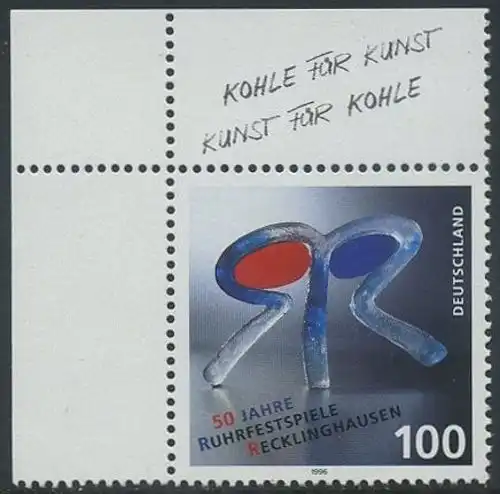 BUND 1996 Michel-Nummer 1859 postfrisch EINZELMARKE ECKRAND oben links