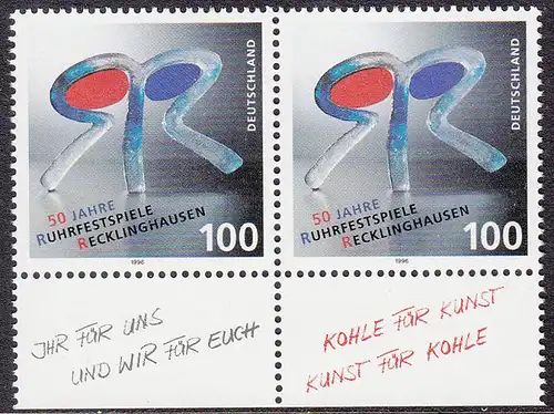 BUND 1996 Michel-Nummer 1859 postfrisch horiz.PAAR RAND unten
