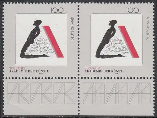 BUND 1996 Michel-Nummer 1866 postfrisch horiz.PAAR RAND unten