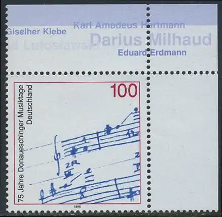 BUND 1996 Michel-Nummer 1890 postfrisch EINZELMARKE ECKRAND oben rechts