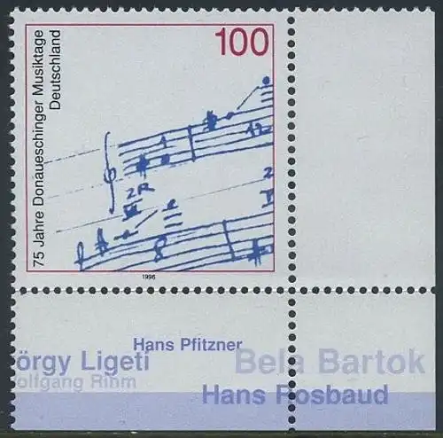 BUND 1996 Michel-Nummer 1890 postfrisch EINZELMARKE ECKRAND unten rechts