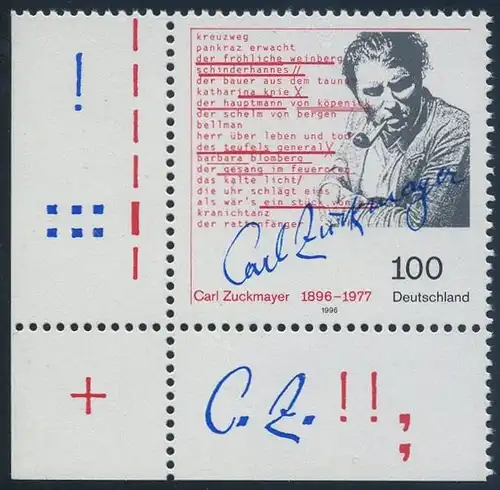 BUND 1996 Michel-Nummer 1893 postfrisch EINZELMARKE ECKRAND unten links