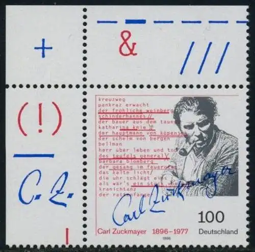 BUND 1996 Michel-Nummer 1893 postfrisch EINZELMARKE ECKRAND oben links