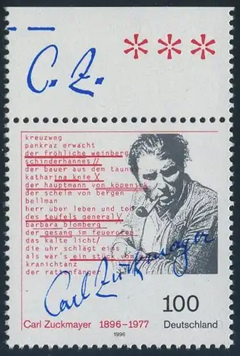 BUND 1996 Michel-Nummer 1893 postfrisch EINZELMARKE RAND oben (b)
