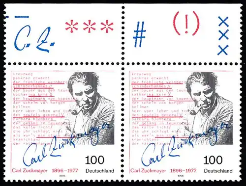 BUND 1996 Michel-Nummer 1893 postfrisch horiz.PAAR RAND oben