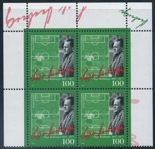 BUND 1997 Michel-Nummer 1896 postfrisch BLOCK ECKRÄNDER oben rechts/oben links