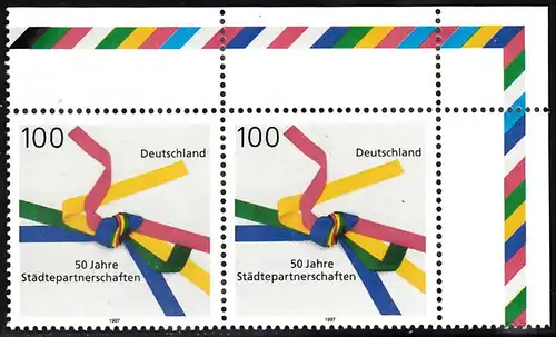 BUND 1997 Michel-Nummer 1917 postfrisch horiz.PAAR ECKRAND oben rechts