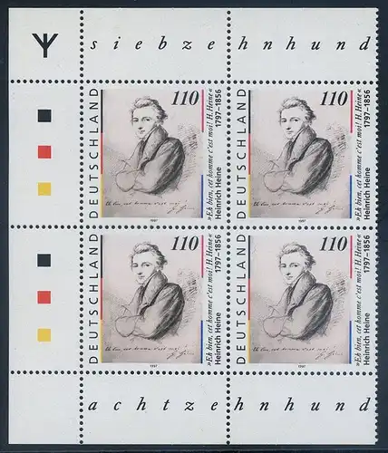 BUND 1997 Michel-Nummer 1962I postfrisch BLOCK ECKRÄNDER oben links/unten links (mit Rune)