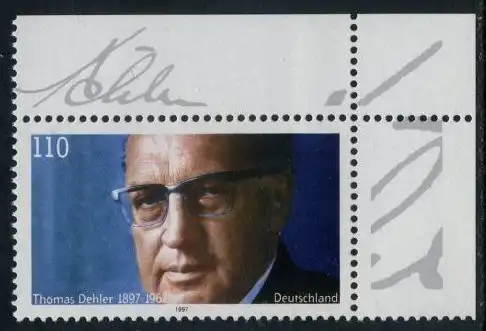 BUND 1997 Michel-Nummer 1963 postfrisch EINZELMARKE ECKRAND oben rechts