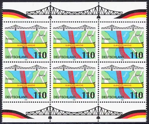 BUND 1998 Michel-Nummer 1967 postfrisch horiz.BLOCK(6) RÄNDER oben/unten