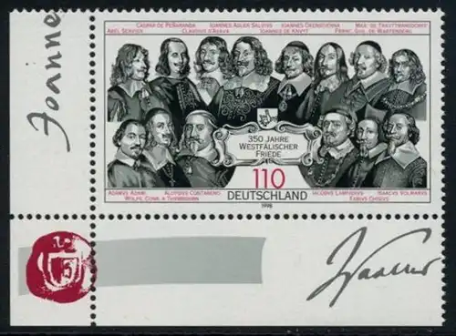 BUND 1998 Michel-Nummer 1979 postfrisch EINZELMARKE ECKRAND unten links