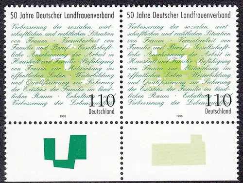 BUND 1998 Michel-Nummer 1988 postfrisch horiz.PAAR RAND unten