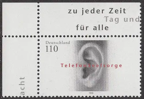 BUND 1998 Michel-Nummer 2021 postfrisch EINZELMARKE ECKRAND oben links