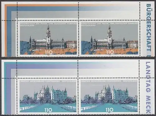 BUND 1999 Michel-Nummer 2036-2037 postfrisch SATZ(2) horiz.PAARE ECKRÄNDER oben rechts/oben links
