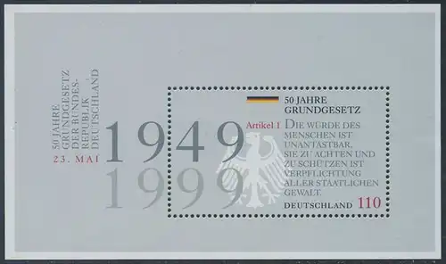 BUND 1999 Michel-Nummer 2050 postfrisch BOGEN(1) -Blockausgabe 48-