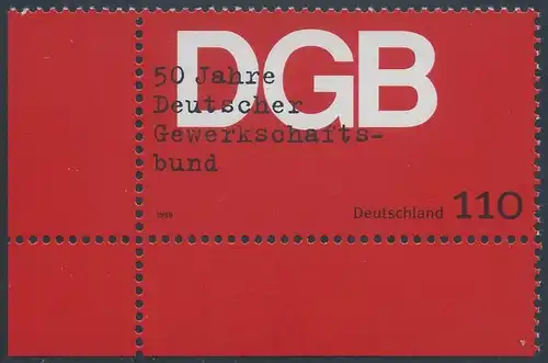 BUND 1999 Michel-Nummer 2083 postfrisch EINZELMARKE ECKRAND unten links