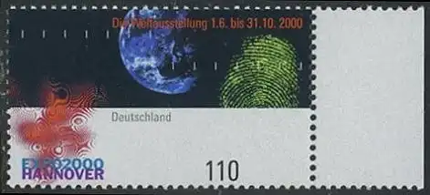 BUND 2000 Michel-Nummer 2130 postfrisch EINZELMARKE RAND rechts