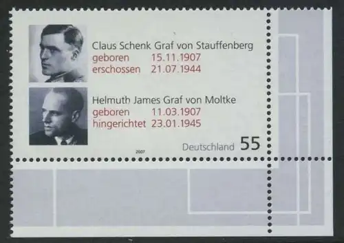 BUND 2007 Michel-Nummer 2590 postfrisch EINZELMARKE ECKRAND unten rechts