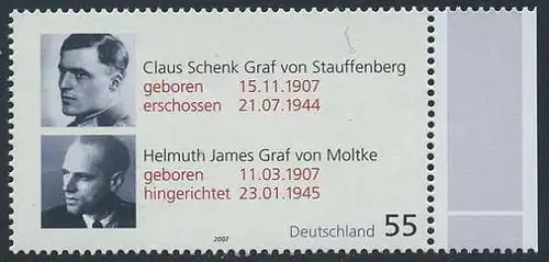 BUND 2007 Michel-Nummer 2590 postfrisch EINZELMARKE RAND rechts (b)