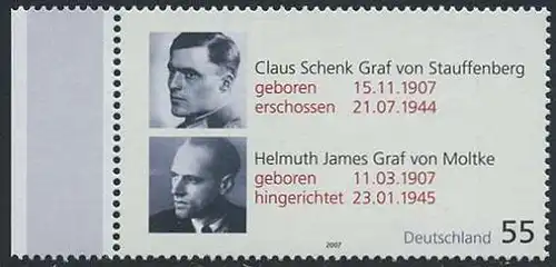 BUND 2007 Michel-Nummer 2590 postfrisch EINZELMARKE RAND links (c)