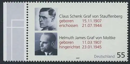 BUND 2007 Michel-Nummer 2590 postfrisch EINZELMARKE RAND links (b)