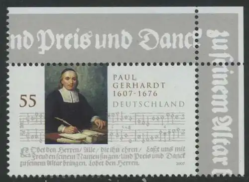 BUND 2007 Michel-Nummer 2592 postfrisch EINZELMARKE ECKRAND oben rechts