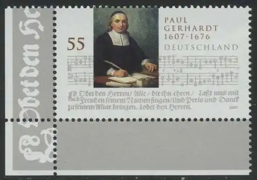 BUND 2007 Michel-Nummer 2592 postfrisch EINZELMARKE ECKRAND unten links