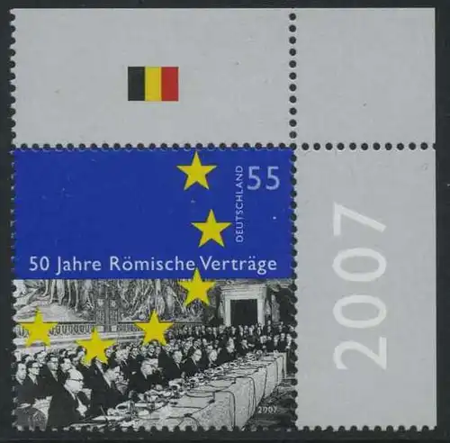 BUND 2007 Michel-Nummer 2593 postfrisch EINZELMARKE ECKRAND oben rechts