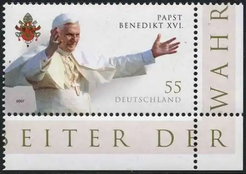 BUND 2007 Michel-Nummer 2599 postfrisch EINZELMARKE ECKRAND unten rechts