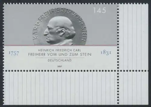 BUND 2007 Michel-Nummer 2624 postfrisch EINZELMARKE ECKRAND unten rechts