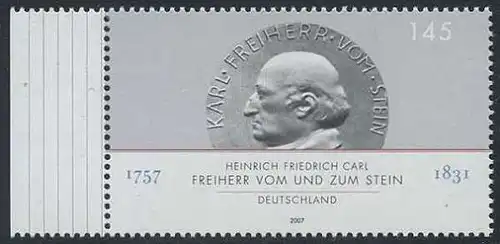 BUND 2007 Michel-Nummer 2624 postfrisch EINZELMARKE RAND links