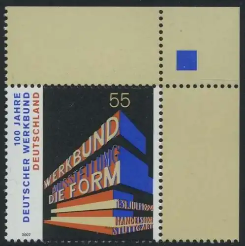 BUND 2007 Michel-Nummer 2625 postfrisch EINZELMARKE ECKRAND oben rechts